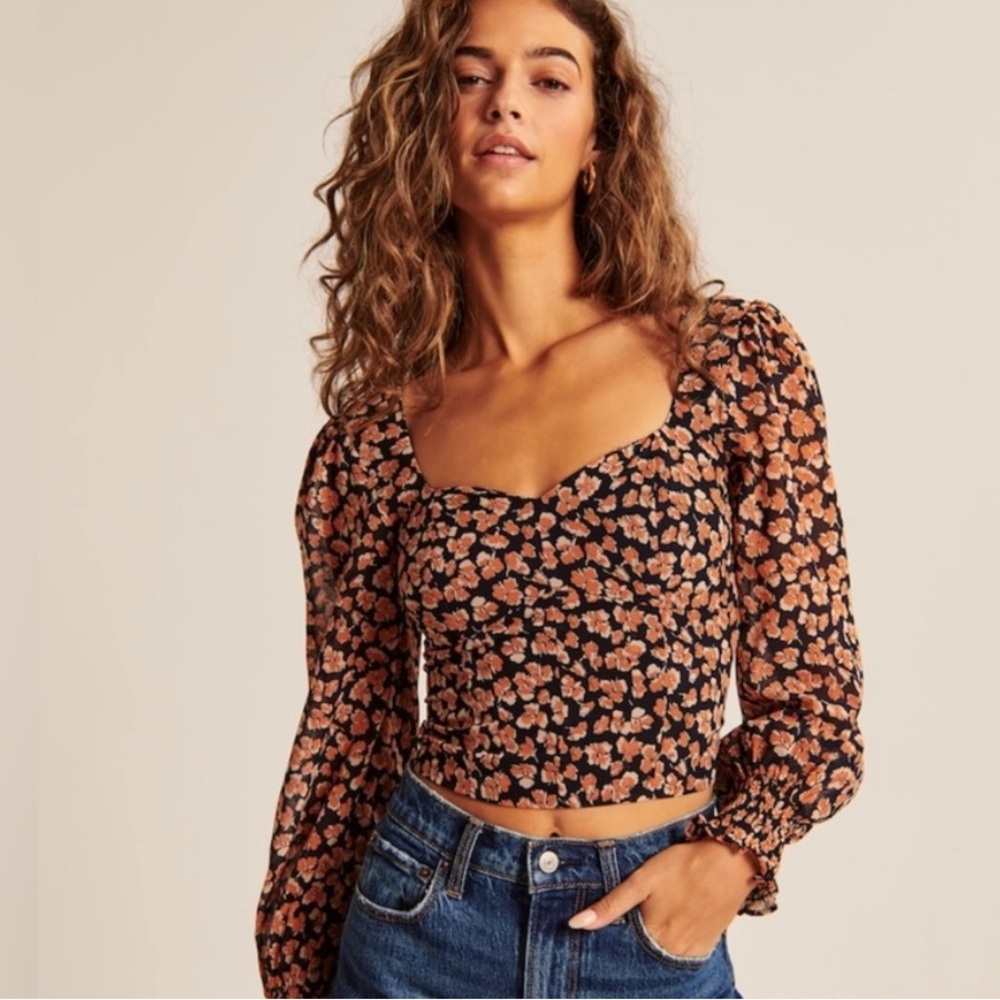 Abercrombie & Fitch Black Floral Long-Sleeve Smocked Top